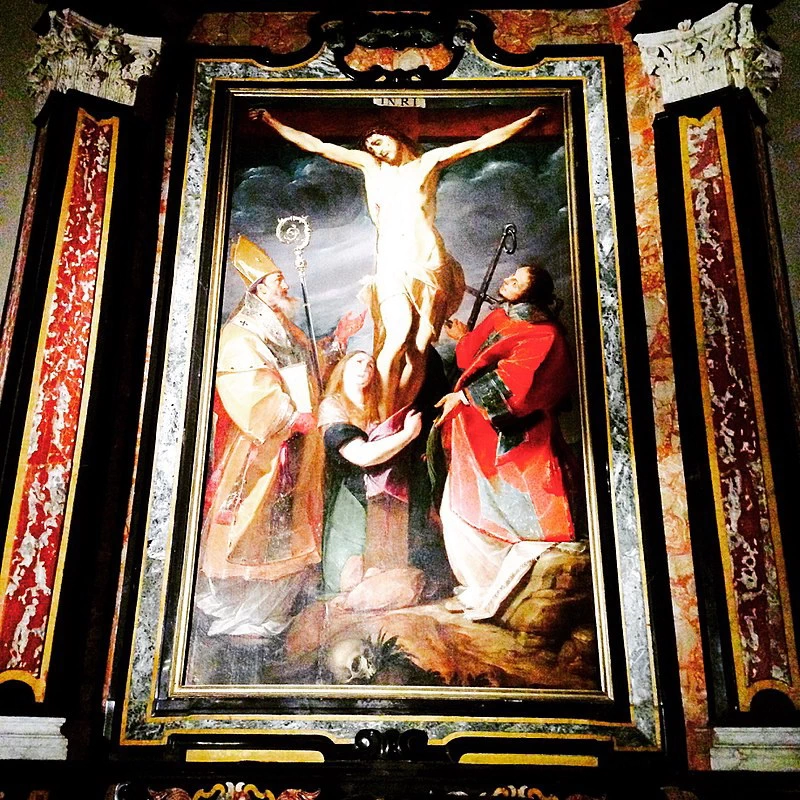 Mortara, Basilica di San Lorenzo Martire, interno - Crocifissione, con i Santi Ambrogio, Lorenzo e Maria Maddalena